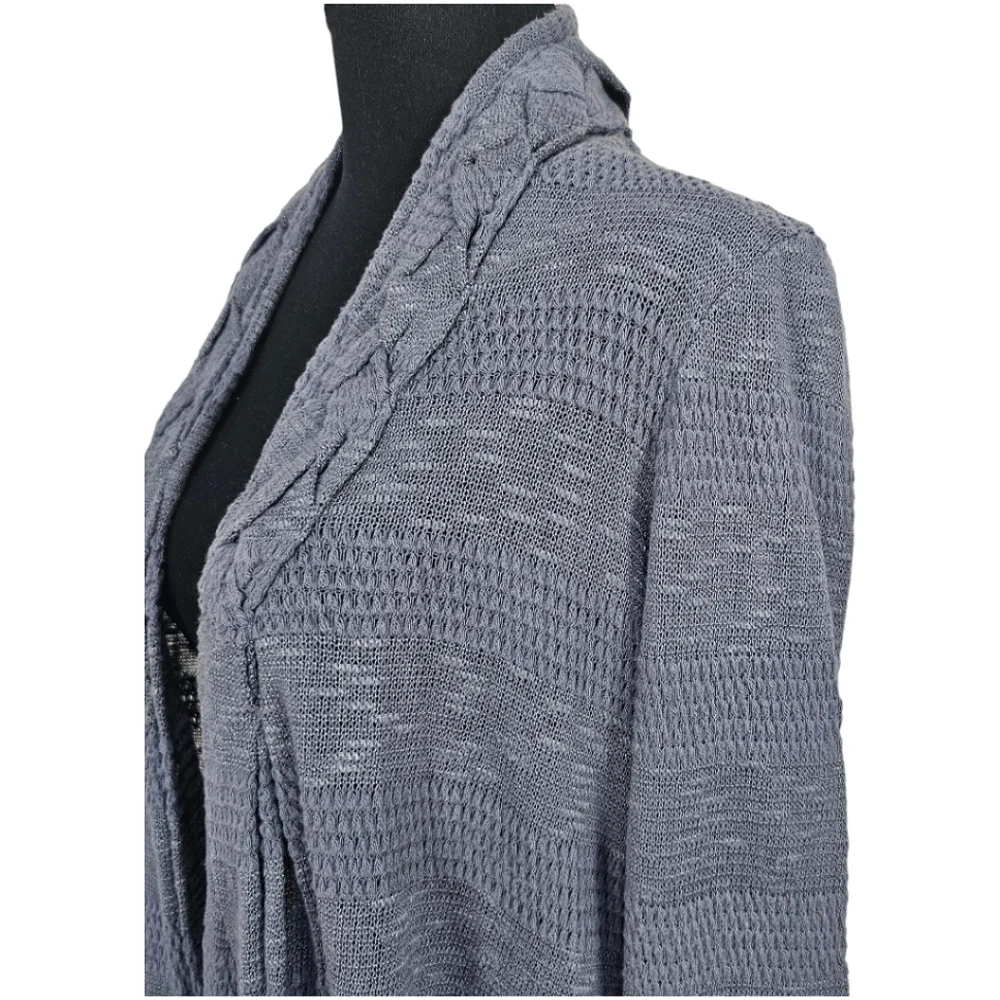 Anthropologie One September Blue Boho Braided Neck Pointelle Knit Open Cardigan